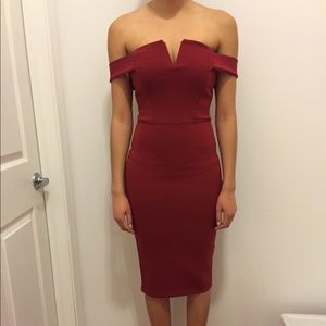 Boohoo red off the shoulder dress